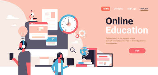 Poster - couple using gadgets analysis online education concept man woman portrait flat horizontal banner copy space vector illustration
