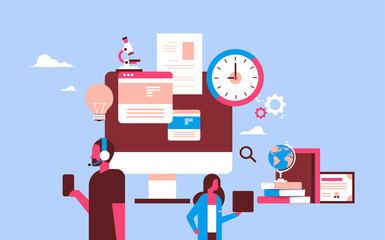Poster - couple using gadgets analysis online education concept man woman portrait flat horizontal vector illustration
