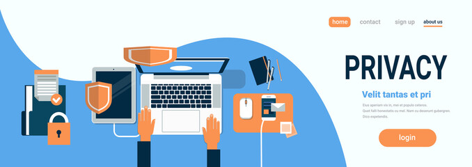 Poster - human hand laptop computer privacy General Data Protection Regulation top angle view horizontal banner copy space flat vector illustration