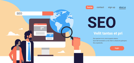 Poster - Seo search engine optimization couple monitoring using magnifier global internet searching concept process flat horizontal banner copy space vector illustration