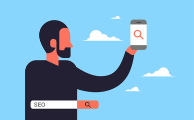 Poster - Seo search engine optimization man using smartphone internet searching concept process flat horizontal vector illustration