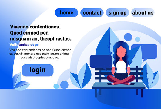 woman bubble chat communication sitting wooden bench using laptop female cartoon character horizontal copy space flat vector illustration