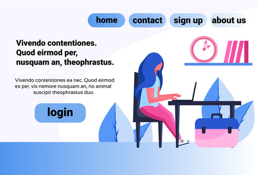 woman using laptop sitting office workplace profile female cartoon character horizontal copy space flat vector illustration