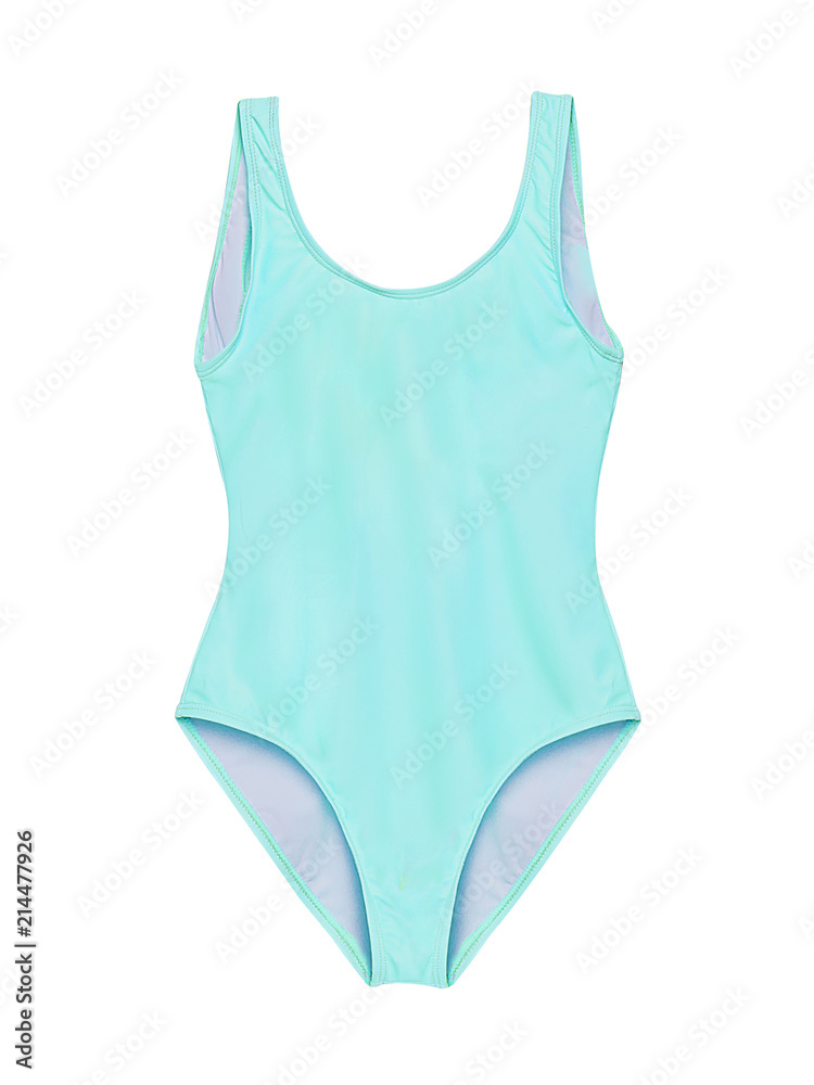 Pastel light blue one piece swimsuit isolated on white background - obrazy, fototapety, plakaty 