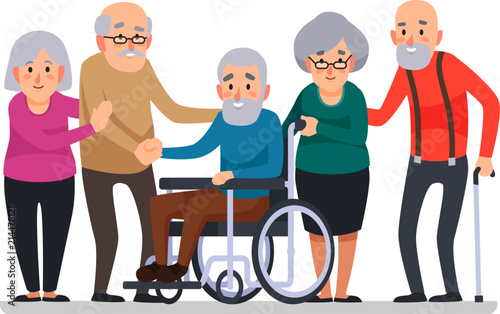 Cartoon old people. Happy aged citizens, disabled senior on wheelchair