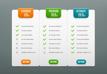 Price plans. Comparison infographic tab with 3 columns. Web table with product prices vector infographics template