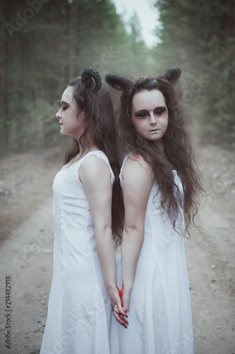 Cuadros en Lienzo Two twins demons with horns in forest