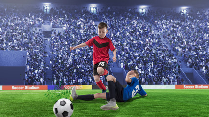 2 children football players in scrimmage for the ball on a stadium