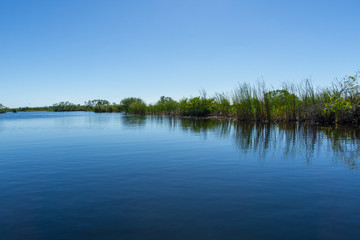 USA, Florida, Reflecting water of river in everglades swamp landscape with sawgrass