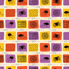 Creepy Halloween Spider Cartoon Pattern, Hand Drawn Arachnid Seamless Vector Illustration for Seasonal Fashion Prints, Spooky Stationery, Trick Treat Party Decor, Holiday Wrap , Costume Orange Purple