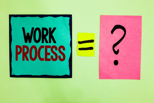 Text sign showing Work Process. Conceptual photo Standard procedures how to handle a particular job rules system Black lined written note middle queal pink page black question mark.