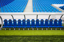 Blue Bench Or Seat Or Chair Of Staff Coach In The Stadium Of Football