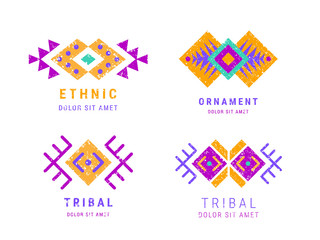 Wall Mural - Colorful Aztec style ornamental geometric logo set. Indian ornate design. Tribal decorative templates. Ethnic ornamentation. Grungy shabby chic hipster texture. EPS 10 vector illustration.