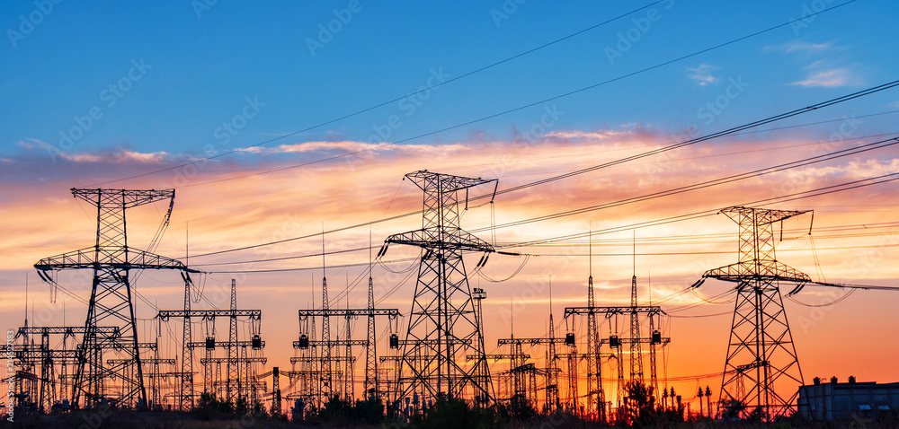 Distribution Infrastructure distribution electric substation with power lines and transformers ...