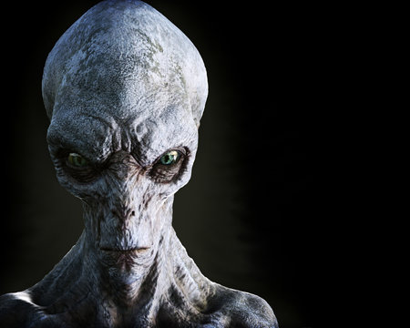 portrait of an alien male extraterrestrial on a dark background with room for text or copy space. 3d