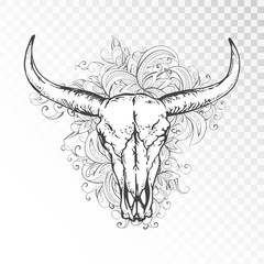 Wall Mural - Vector illustration with a wild buffalo skulls and flowers pattern. Black and white silhouettes on a transparent background. For t-shirts, posters and other your design.