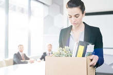 Waist Up Portrait Of Sad Businesswoman Holding Box Of Personal Belongings  Leaving Office After Being Fired Job, Copy Space