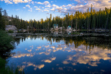 Alpine Lake With Cabins And Sunset Cloud Reflections - Ebbetts Pass