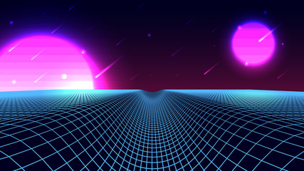 Wireframe background landscape. 1980s retro wave style. Sci-Fi futuristic vector illustration with a starfall.