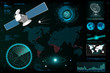 Futuristic User Interface, elements template HUD. Earth map, satellite, satellite dish, radar, solar system, communication, broadcast data and statistic. HUD elements set. Space concept layout