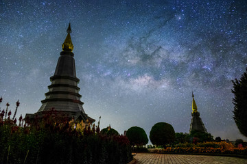 Milky way rises Doi Inthanon National Park over the pagoda Nabhamethanidol and Nabhapolbhumisiri , Thailand