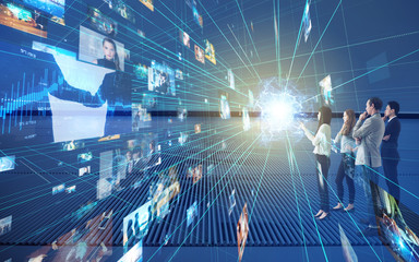 Poster - Group of people looking stereoscopic display.