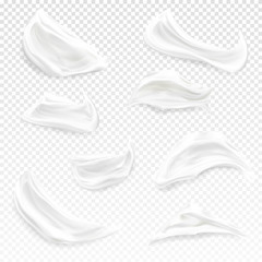 Wall Mural - White cream strokes vector illustration of realistic 3D cosmetic moisturizer, gel or foam and paint smear wit texture isolated on transparent background for package design