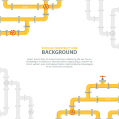 Industrial background with yellow pipeline. Oil, water or gas pipeline with fittings and valves. Vector illustration in a flat style.