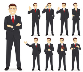 business man set different gestures isolated vector illustration