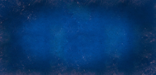 Blue grey dark background of school blackboard colored texture. Blue black vignetted aged texture background. Long format