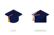 Graduation cap isometric and flat vector icons