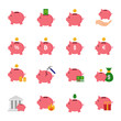 Piggy bank set of vector icons