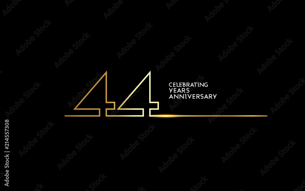 44 Years Anniversary logotype with golden colored font numbers made of one connected line, isolated on black background for company celebration event, birthday - obrazy, fototapety, plakaty 