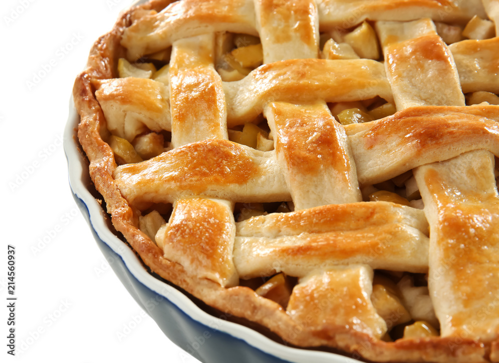 Tasty homemade apple pie on white background, closeup