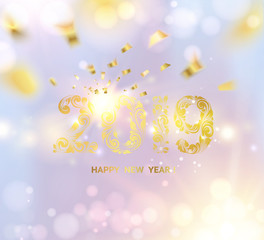 Wall Mural - New year calendar label. Golden sign 2018 over gray bokeh background. Vector illustration.