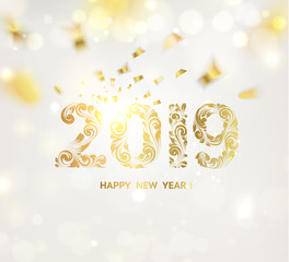 Wall Mural - Happy new year card over gray background with golden confetti. Happy new year 2019. Holiday card. Template for your design. Vector illustration.