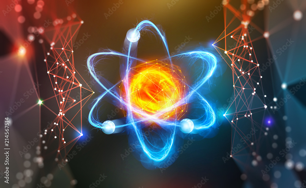 Atomic structure. Scientific breakthrough. Modern scientific research on nuclear fusion. Innovations in physics 3D illustration - obrazy, fototapety, plakaty 