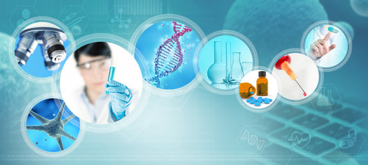 Wall Mural - scientific and pharmaceutical images on abstract blue background