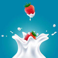 Vector realistic milk splashes with blueberries and red strawberries gradient background