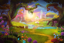 Fantasy Land, Grass And Hill, River And Tree With Fantastic, Realistic Style. Video Game's Digital CG Artwork, Concept Illustration, Realistic Cartoon Style Scene Design
