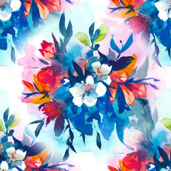 watercolour floral Seamless pattern, delicate flowers, yellow, blue and pink flowers