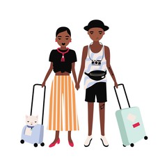 Canvas Print - Pair of African American boy and girl dressed in stylish clothing standing together and holding suitcases