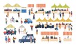 Seasonal outdoor street market. People walking between counters, buying vegetables, fruits, meat and other farmer products. Buyers and sellers on marketplace. Cartoon colorful vector illustration.