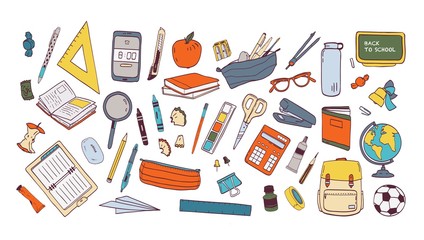 collection of school supplies or stationery. bundle of accessories for lessons, items for education 