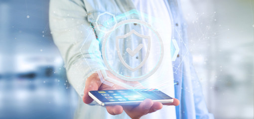 Poster - man holding a shield web security concept 3d rendering