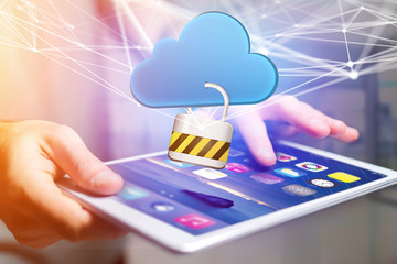 Poster - Padlock security connected to a cloud displayed on a futuristic interface - Connection concept