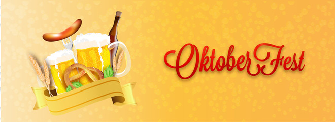 Sticker - Website header or banner design, Illustration of wheat grain, beer mugs, bottle, sausage with fork, pretzel and hops on shiny orange bubble background for Oktoberfest celebration concept.