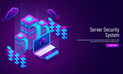 Canvas Print - Server Security System concept based landing page design with isometric illustration of servers and laptop under security region.