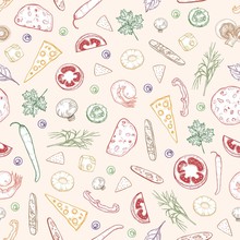 Seamless Pattern With Delicious Pizza Toppings Or Ingredients Hand Drawn With Colorful Contour Lines On Light Background. Realistic Vector Illustration For Wrapping Paper, Backdrop, Fabric Print.
