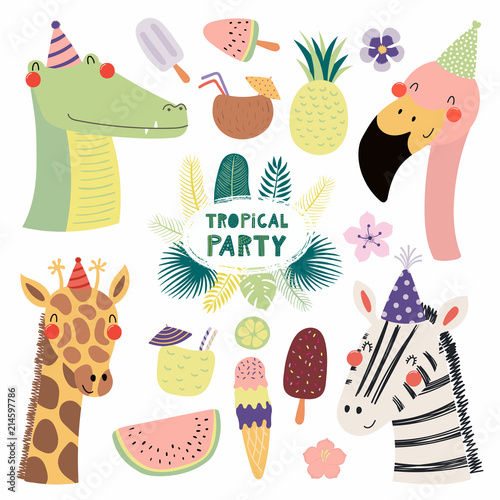 Hand drawn vector illustration of a cute funny crocodile, flamingo, giraffe, ...